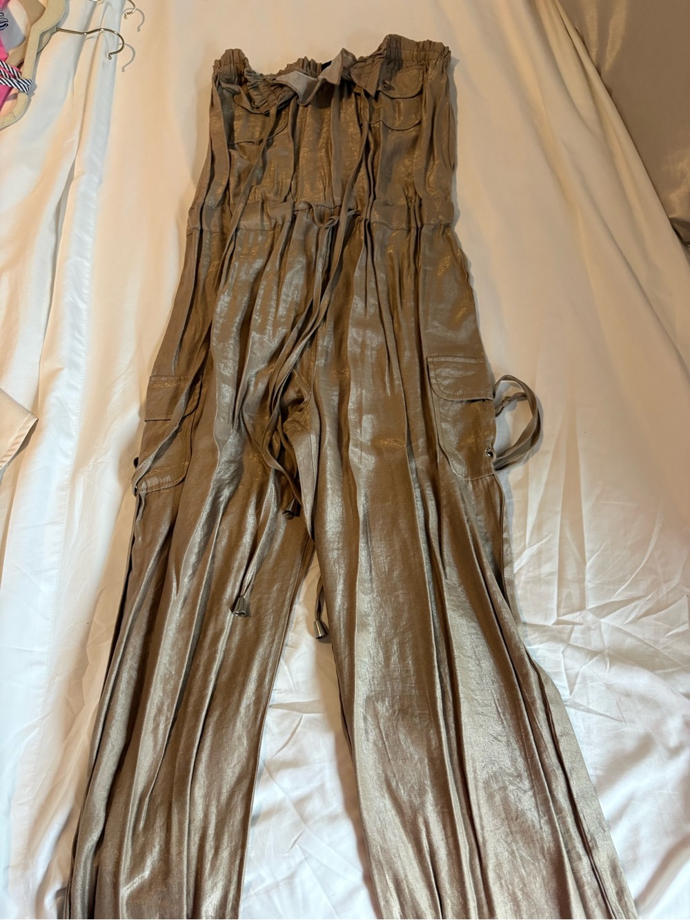 Strapless Utility Jumpsuit in Metallic Taupe